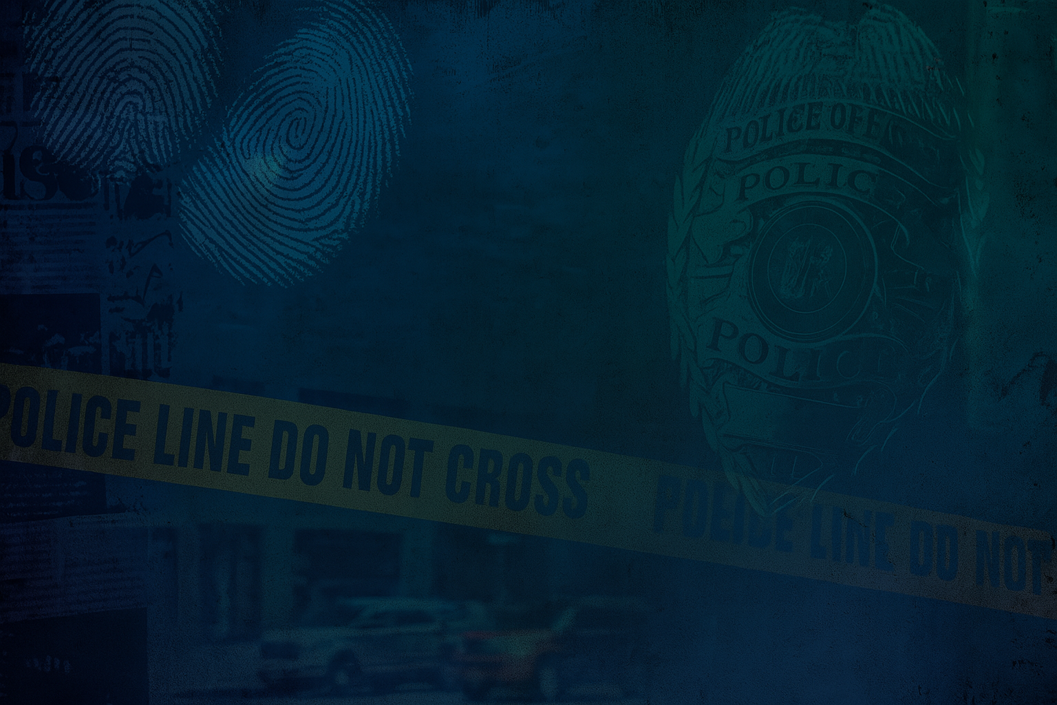 Background splash for the Critical Dispatch podcast showing a blue and purple collage of various police-related imagery; badges, police tape, fingerprints.